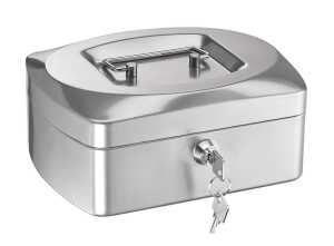 Geldkassette, neuartige Optik, silberfarben, Seiten gewölbt, Deckel formschön, (L/B/H) 205/160/85 mm