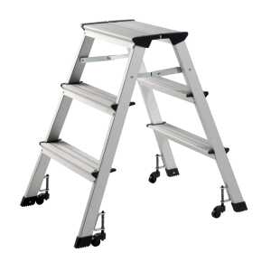 Trittleiter, 3-stufig, Aluminium, mit 4 Rollen, Standhöhe 63 cm, EN 14183-B-3, TÜV/GS