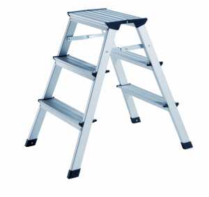 Trittleiter, Aluminium, 3-stufig, beidseitig begehbar,zusammenklappbar EN14183-B-3, TÜV/GS