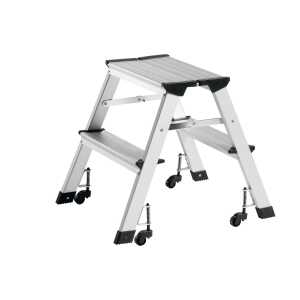 Trittleiter, 2-stufig, Aluminium, 4 Rollen, Standhöhe 45 cm, DIN 14183-B-2, TÜV/GS