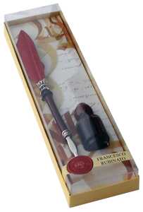 Rubinato Federhalter mit kleinem Gänsekiel bordeaux + Tinte in Geschenkbox