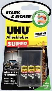 UHU Alleskleber Minis Super Strong & Safe Tube 3x1g Blister