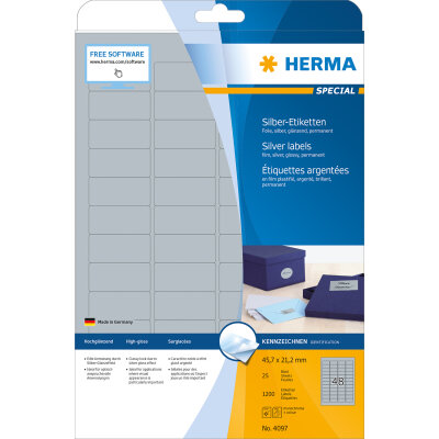 Herma Etiketten permanent haftend 45,7 x 21,2 mm Folie silber wetterfest 25 Bl 1200 Etik. LaserCopy