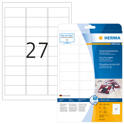 Herma Sicherheitsetiketten Folie stark haftend 63,5 x 29,6 mm weiss 25 Bl 675 Etik. LaserCopy