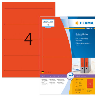 Herma Ordnerrückenschilder permanent haftend 192 x 61 mm rot 100 Bl 400 Etik. LaserInkCopy