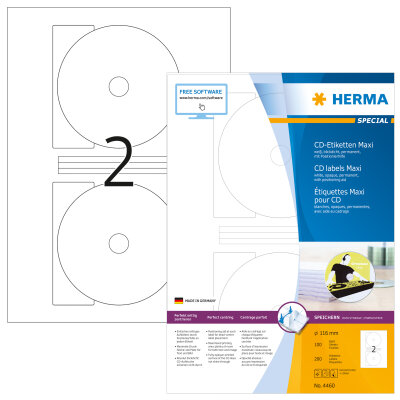 Herma Etiketten für CD Maxi permanent haftend Ø 116/18,5 mm weiss 100 Bl 200 Etik. LaserInkCopy