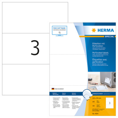 Herma Etiketten rückseitiger Klebestreifen 210 x 99 mm weiss perforiert 100 Bl 300 Etik. LaserInkCopy