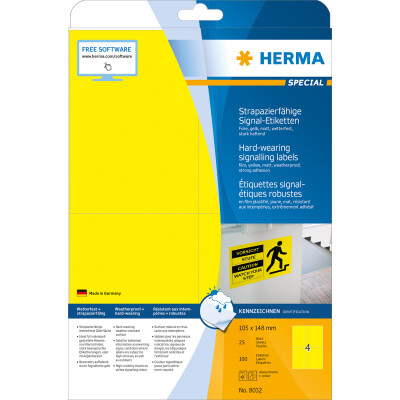 Herma Signal-Etiketten stark haftend wetterfest 105 x 148 mm Folie gelb 25 Bl 100 Etik. LaserCopy