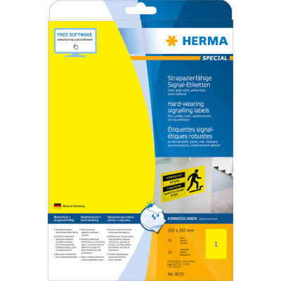 Herma Signal-Etiketten stark haftend wetterfest 210 x 297 mm Folie gelb 25 Bl 25 Etik. LaserCopy