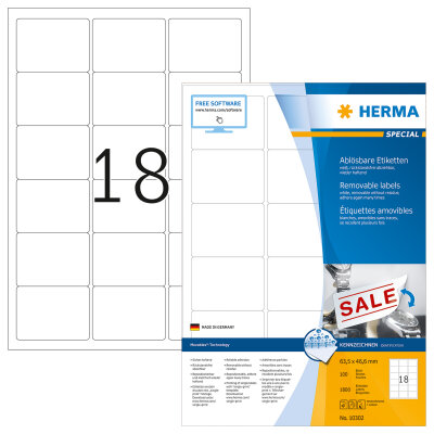 Herma Etiketten ablösbar 63,5 x 46,6 mm weiss 100 Bl 1800 Etik. LaserInkCopy