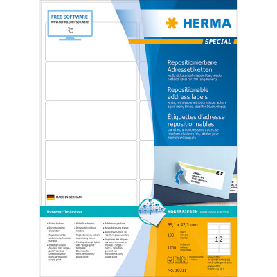 Herma Etiketten für Adressen ablösbar 99,1 x 42,3 mm weiss 100 Bl 1200 Etik. LaserInkCopy