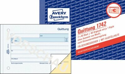 Zweckform 1742 Quittung Kleinunternehmer, 1. und 2. Blatt bedruckt, SD, DIN A6 quer, 2x40 Blatt