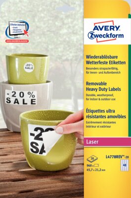 Zweckform L4778REV-20 Wetterfeste Etiketten (A4, 960 Stück, ablösbar, 45,7 x 21,2 mm) 20 Blatt weiß