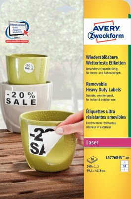 Zweckform L4776REV-20 Folienetiketten - 99,1 x 42,3 mm, weiß, 240 Etiketten, ablösbar, wetterfest