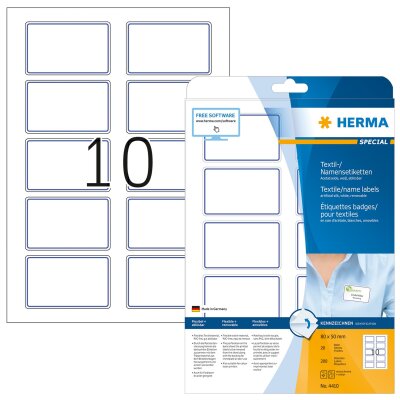 Herma Namensetiketten ablösbar 80 x 50 mm Acetatseide weiss mit blauen Streifen 20 Bl 200 Etik. LaserCopy