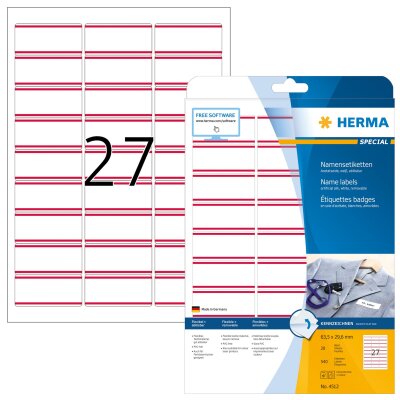 Herma Namensetiketten ablösbar 63,5 x 29,6 mm Acetatseide weiss mit roten Streifen 20 Bl 540 Etik. LaserCopy