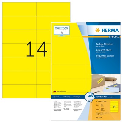 Herma Etiketten permanent haftend 105 x 42,3 mm gelb 100 Bl 1400 Etik. LaserInkCopy