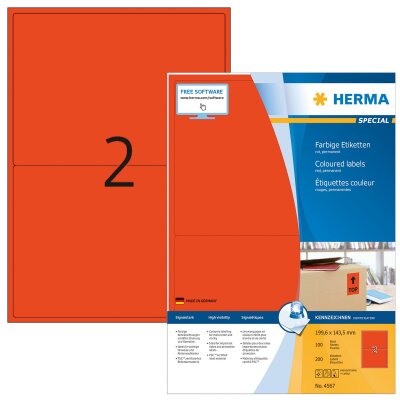 Herma Etiketten permanent haftend 199,6 x 143,5 mm rot 100 Bl 200 Etik. LaserInkCopy