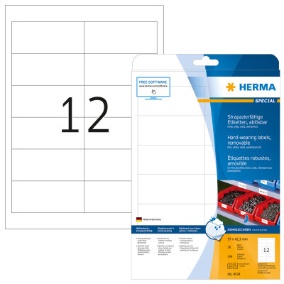 Herma Etiketten ablösbar 97 x 42,3 mm Folie weiss wetterfest 20 Bl 240 Etik. LaserCopy