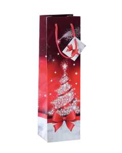 Geschenktasche Flasche - rot/silber - Weihnachtsbaum 10 x 35 x 8 cm