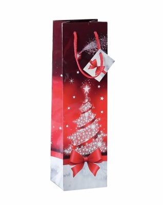 SIGEL GT024 Geschenktasche SIGEL Flasche - rot/silber - Weihnachtsbaum - mit Bodeneinlage, Geschenkanhänger und farblich abgestimmten Tragekordeln - Glanzkarton, Kunststoff - 10 x 35 x 8 cm