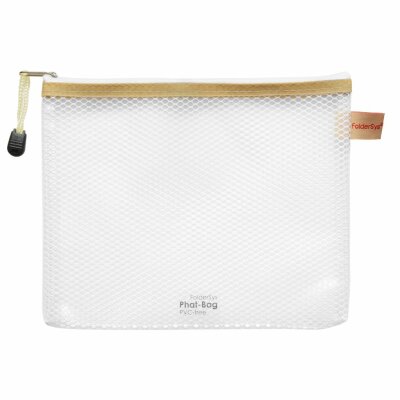 Foldersys PVC-freier Reißverschluss-Beutel "Phat-Bag" B6 mit Zip weiß Bordierband beige farblos transparent