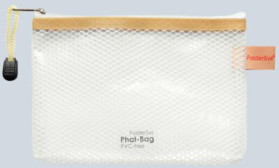 Foldersys PVC-freier Reißverschluss-Beutel "Phat-Bag" A6 mit Zip weiß Bordierband beige farblos transparent