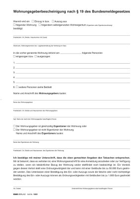 RNK Mietverträge, A4, Wohnungsgeberbescheinigung nach § 19 Bundesmeldegesetz (BMG)