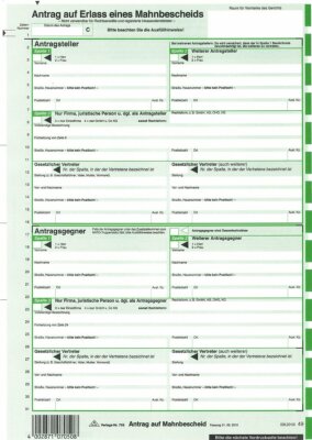 RNK Mahnbescheide, A4, Antrag auf Erlass eines Mahnbescheids