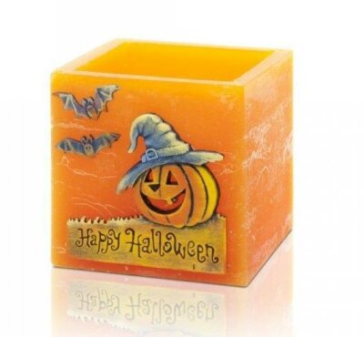 Halloween Lampion mit Teelichteinsatz und 1 Teelicht orange Quader 110mm x105 mm