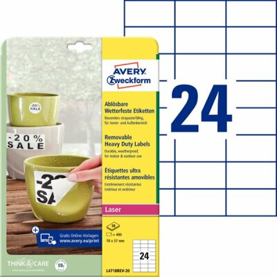 Zweckform Folienetiketten 70x37 weiß L4718REV-20 Wetterfeste-Etiketten 70x37mm auf DIN A4