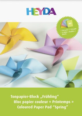 HEYDA 2047151 Tonpapier-Block Frühling A4 sonnengelb mango lachs rosa hellviolett hellblau wasserblau mint maigrün limone