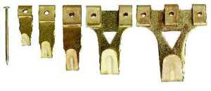 Bilderhaken-Sortiment, vermessingt, mit Stahlnägeln, Dose à 10 Stück