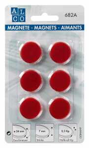 Haftmagnete, rund, Rot, Ø 24 mm, Blisterkarte à 6 Stück, Haftkraft min. 0,3 kp