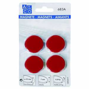 Haftmagnete, rund, Rot, Ø 32 mm, Blisterkarte à 4 Stück, Haftkraft min. 0,8 kp