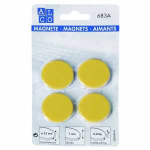 Haftmagnete, rund, Gelb, Ø 32 mm, Blisterkarte à 4 Stück, Haftkraft min. 0,8 kp