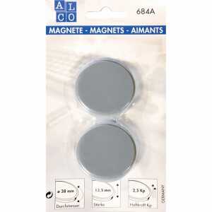 Kraftmagnete, rund, Grau, Ø 38 mm, Blisterkarte à 2 Stück, Haftkraft min. 2,5 kp