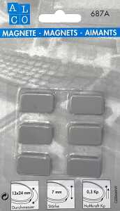 Haftmagnete, eckig, Grau, 13 x 24 mm, Blisterkarte à 6 Stück, Haftkraft min. 0,3 kp