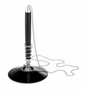 Kugelschreiberständer, Schwarz, mit Kette & rundem Ständer, Schwarze Tinte