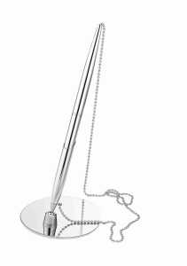 Kugelschreiberständer, silberfarben, verchromt glänzend, Kette, ovaler Fuß, selbstkl., Tinte schwarz