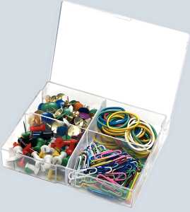 Sortimentsdose, 50 Pinwandnadeln, 15 g Gummiringe, 125 Reißnägel, 120 Briefkl. kunststoffüberz. 26 mm