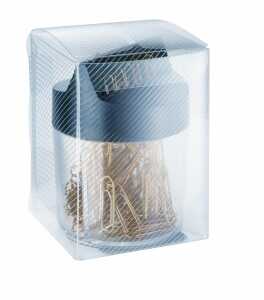 Magnetdose, rund, klar, schwarzer Deckel, inkl. 100 Briefklammern, eckig, vermessingt, 26 mm