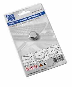 Superkraftmagnete, silberfarben, gebürstet, Ø 16 mm, Haftkraft 2 kp, 1 Stück auf SB-Karte