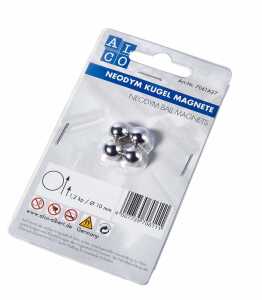 Kugelmagnete, Neodym, vernickelt, Ø 10 mm, Haftkraft 1,2 kg, SB-Karte à 4 Stück