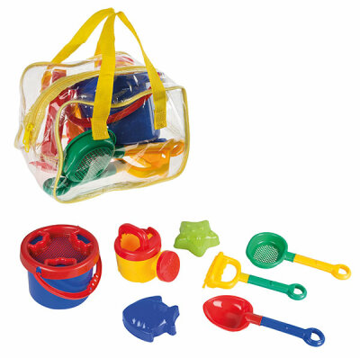 Idena Sandspielzeug-Set in Tasche 8-teilig - das 8-teilige Set besteht aus: 1 Eimer, 2 Sieb, 1 - Gießkanne, 2 Förmchen, 1 kleine Harke, 1 kleine Schaufel