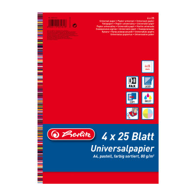 Herlitz Universalpapier A4 Colourmix 100Bl. 80g je 25Bl. pastell rt bl gn gb