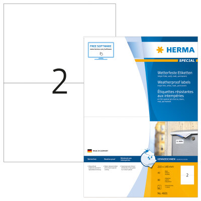 Herma Etiketten permanent haftend 210 x 148 mm Folie weiss wetterfest 40 Bl 80 Etik. Inkjet