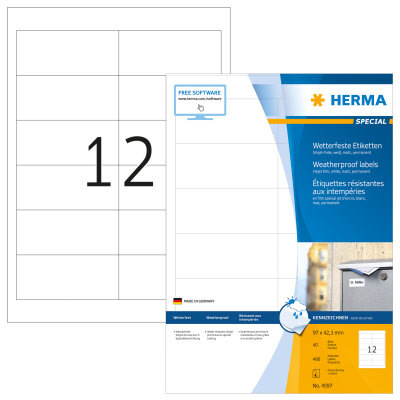 Herma Etiketten permanent haftend 97 x 42,3 mm Folie weiss wetterfest 40 Bl 480 Etik. Inkjet