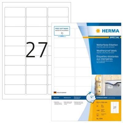 Herma Etiketten permanent haftend 63,5 x 29,6 mm Folie weiss wetterfest 40 Bl 1080 Etik. Inkjet