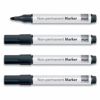 Sigel Non-permanent Marker schwarz Rundspitze 1-3mm Cap-Off-Tinte 4St